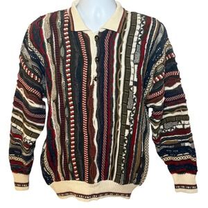 Alfani Mens Small 3D Textured Knit Polo Sweater Vintage Coogi Style Multi Color